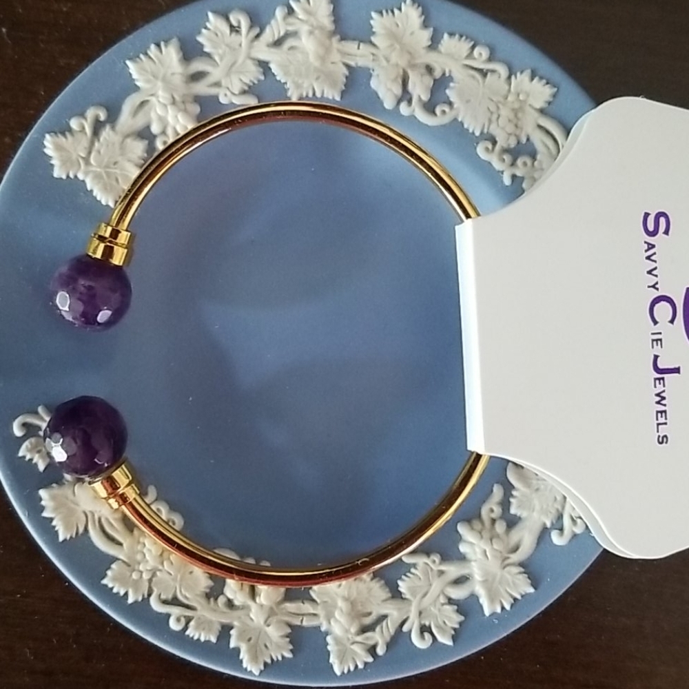 Savvy Cie 18k Gold Plated Sterling Silver Amethyst Faceted Cuff Bracelet - Picture 3 of 4